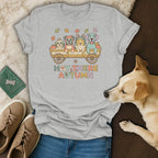T-shirt with cartoon dogs in a wagon and "Hay There Autumn" text.