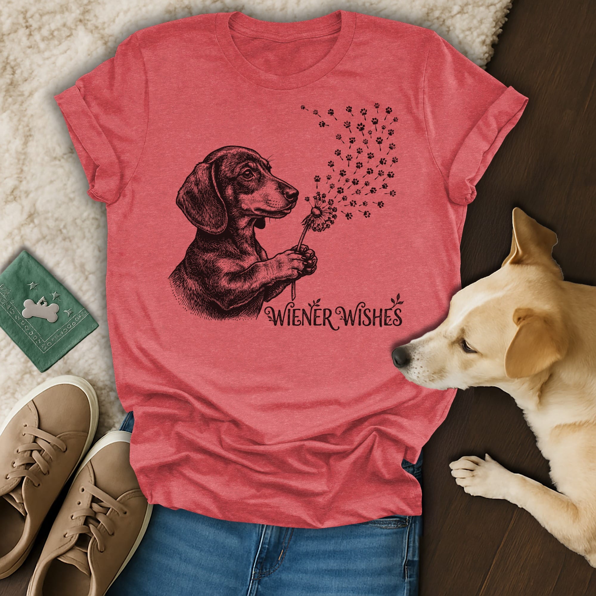Dachshund with dandelion puff of paw prints, text "Wiener Wishes"
