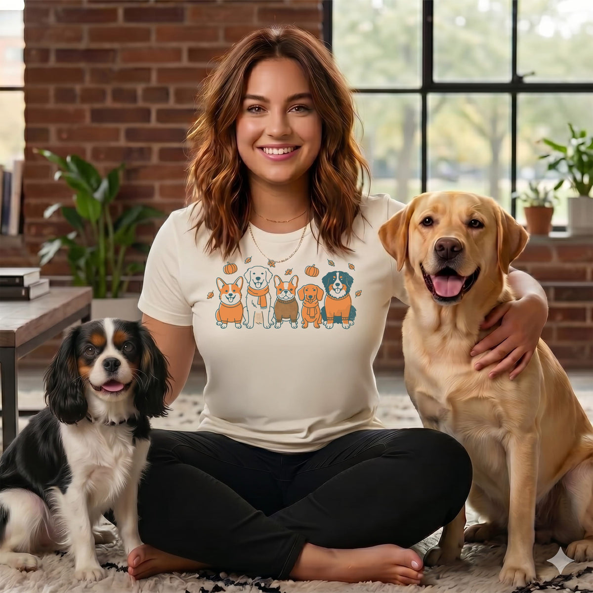 Woman with three dogs wearing fall-themed sweaters and pumpkins on her shirt.
