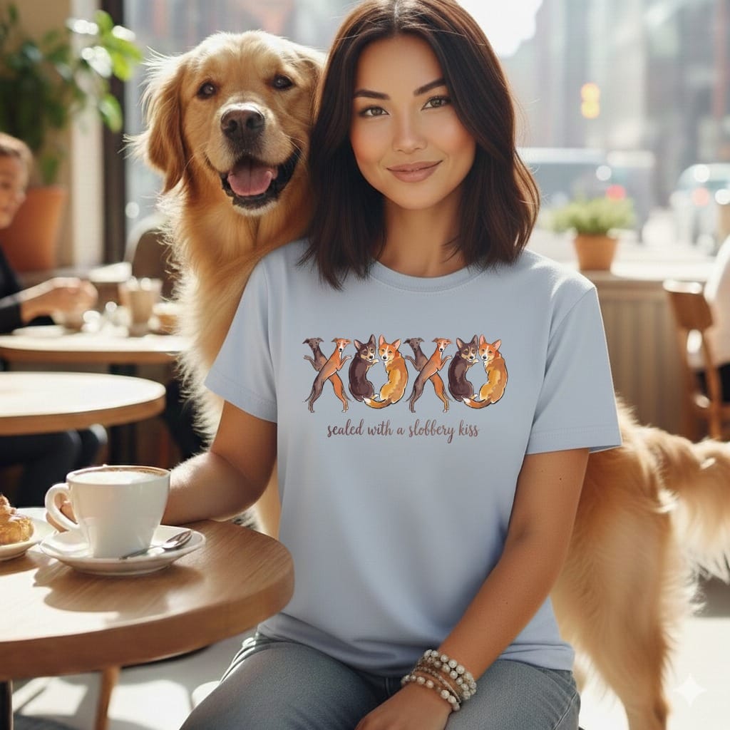 Light blue t-shirt with dogs forming XOXO, saying "sealed with a slobbery kiss."
