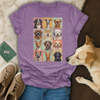 T-shirt featuring a grid of twelve vintage-style dog portraits.