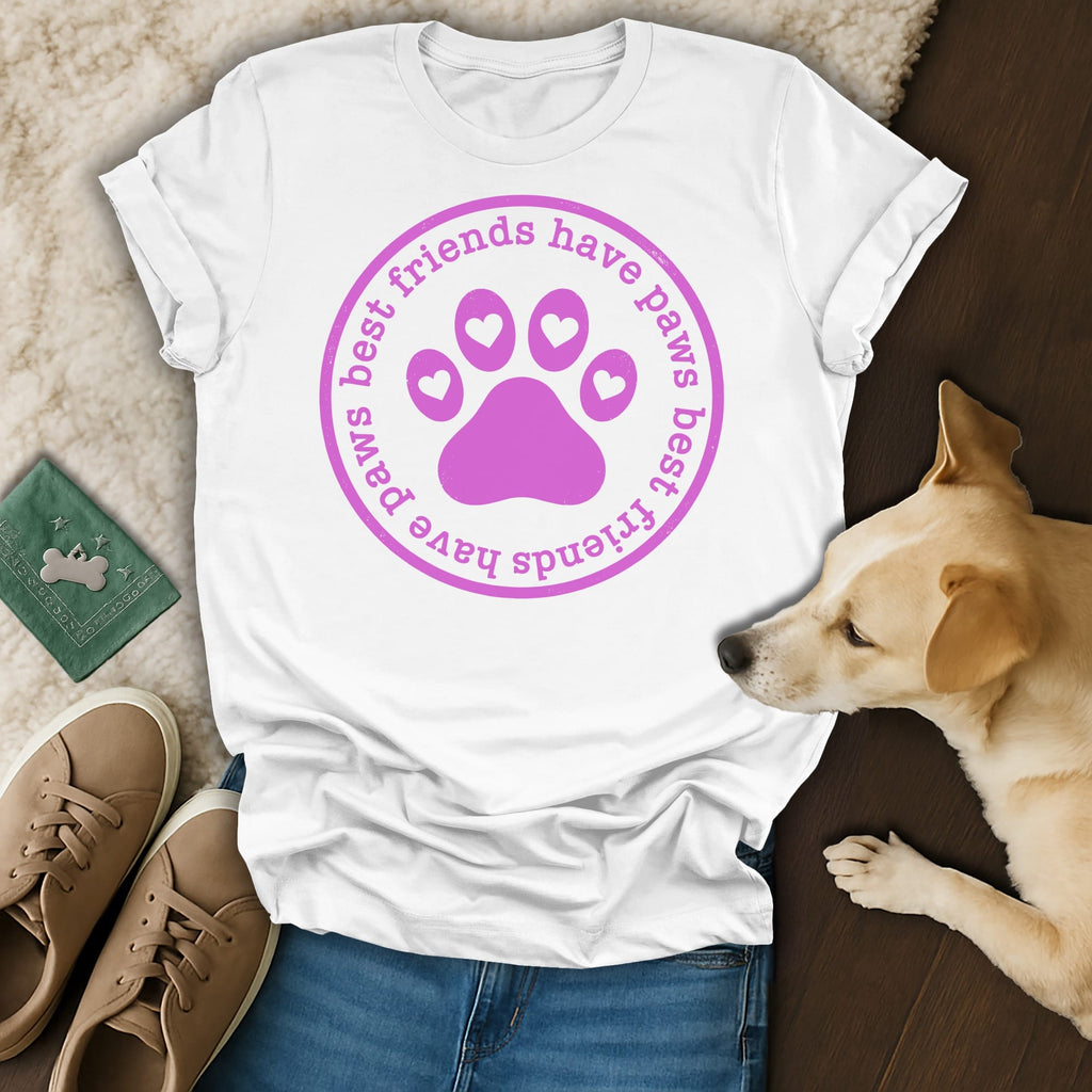 White t-shirt with pink paw print logo and text "best friends have paws".