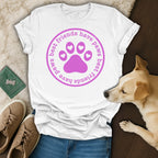 White t-shirt with pink paw print logo and text "best friends have paws".