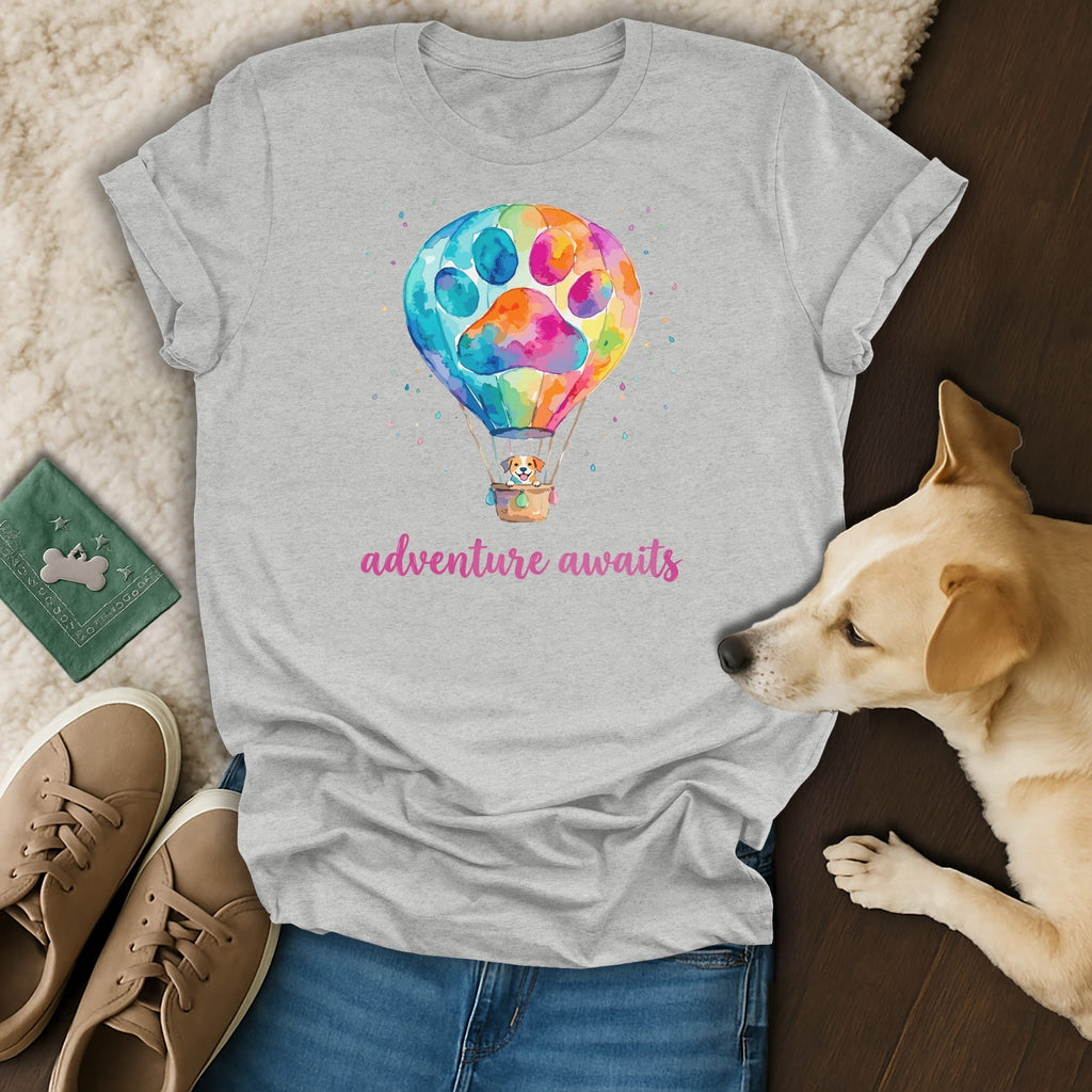 Gray t-shirt with colorful hot air balloon graphic featuring a paw print and dog.