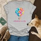 Gray t-shirt with colorful hot air balloon graphic featuring a paw print and dog.