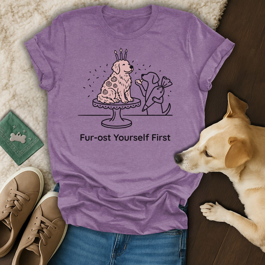 Purple t-shirt with dog birthday graphic and text "Fur-ost Yourself First".