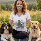 A smiling woman sits outdoors on a plaid blanket, wearing a white v-neck t-shirt that features a green graphic of a dog surrounded by flowers and the text GROWS BEST BESIDE YOU, flanked by a Cavalier King Charles Spaniel on her left and a Labrador Retriever on her right.