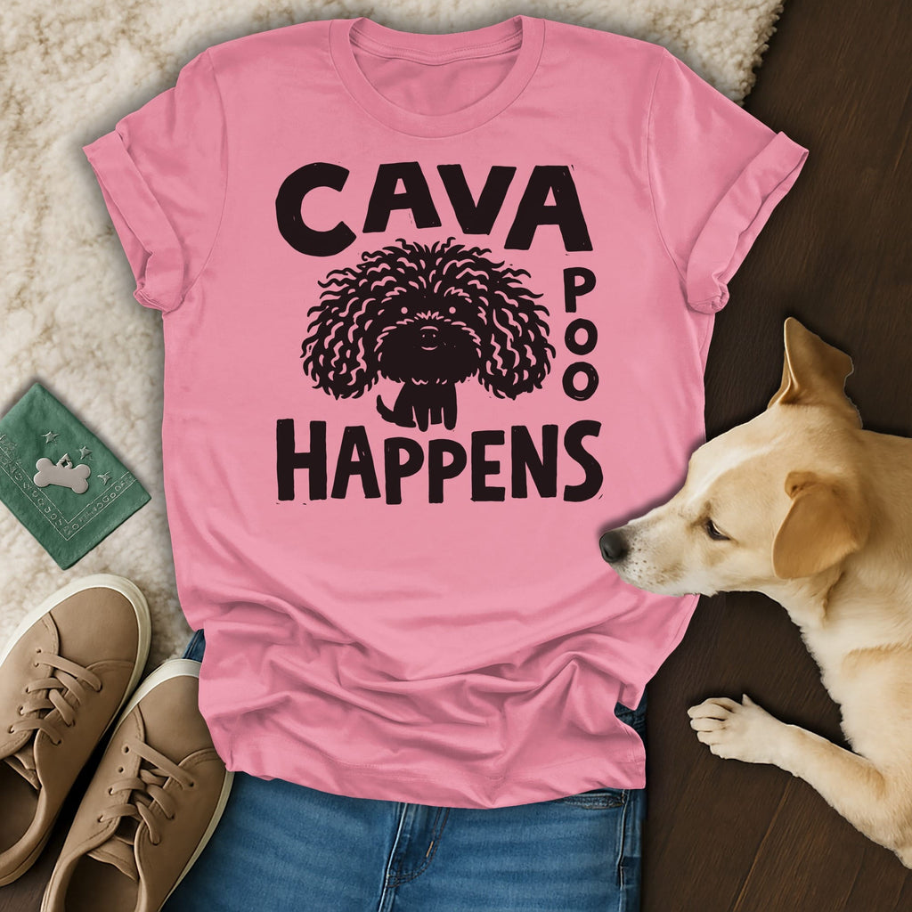 Pink t-shirt with "CAVA POO HAPPENS" text and cartoon dog graphic.