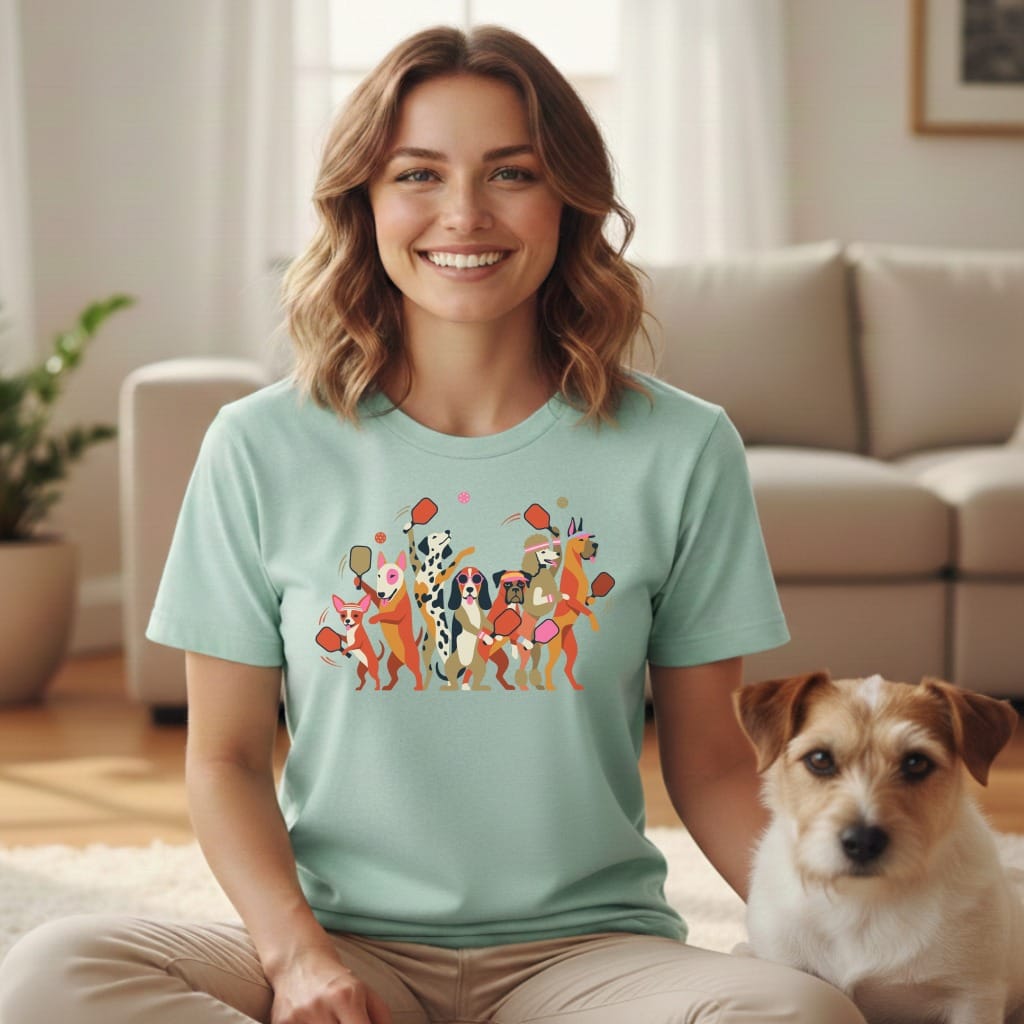 T-shirt with graphic of dogs playing pickleball.
