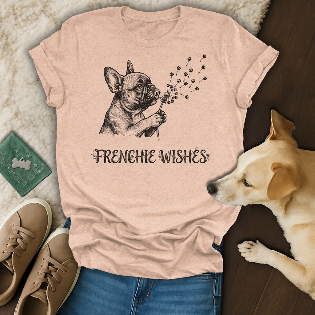 Frenchie Wishes text on a light pink t-shirt with a French bulldog and dandelion fluff.