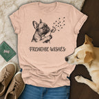Frenchie Wishes text on a light pink t-shirt with a French bulldog and dandelion fluff.
