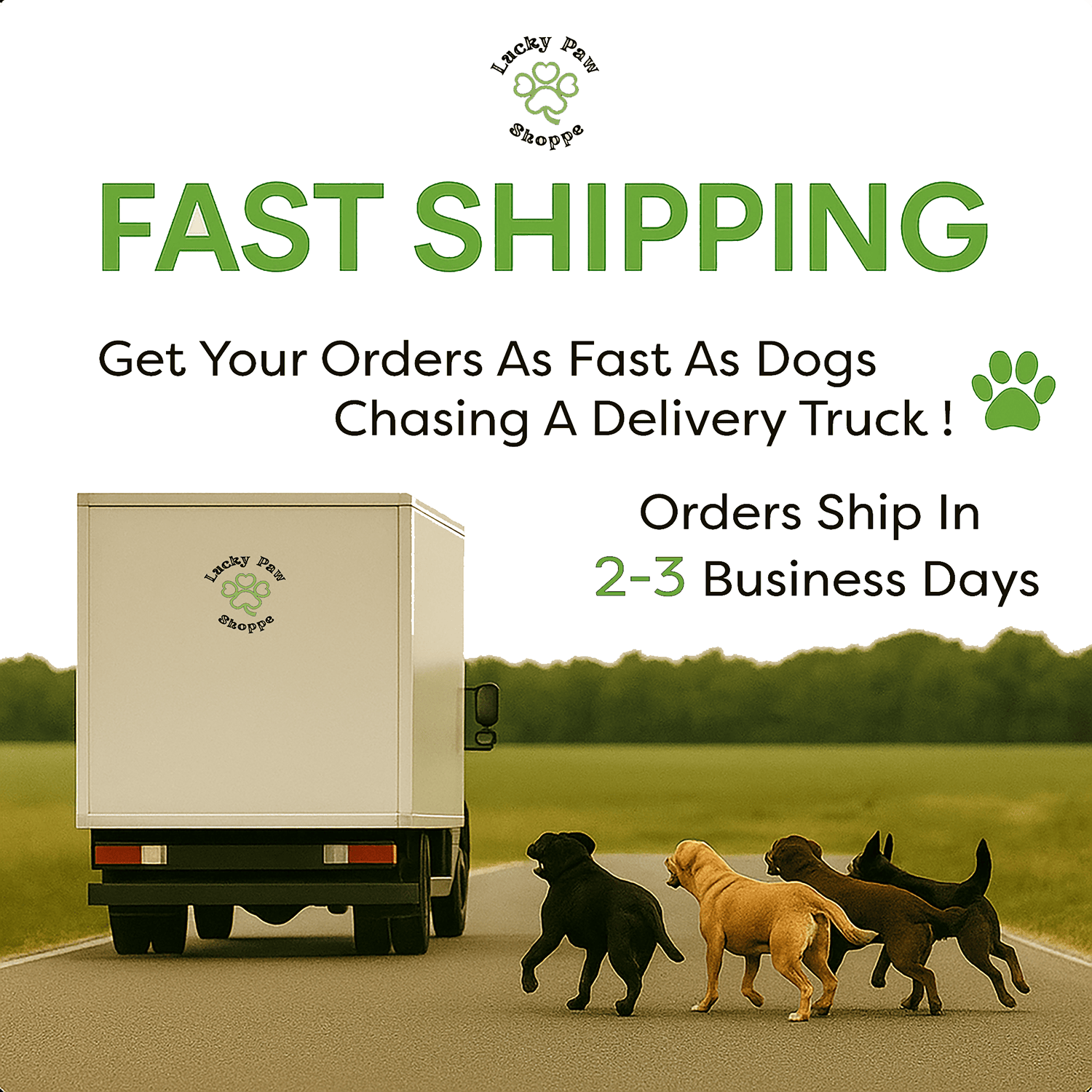 Fast shipping: orders ship in 2-3 business days, as fast as dogs chasing a truck.