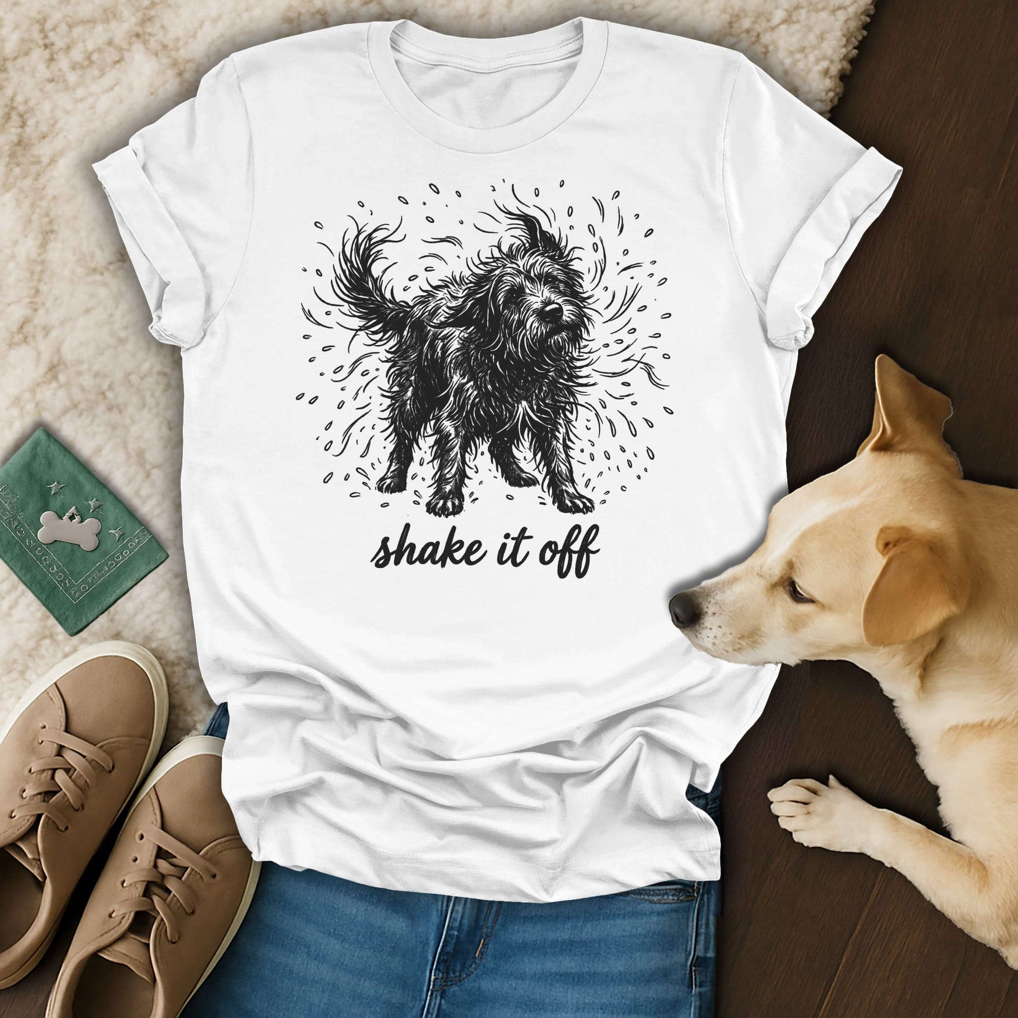 White t-shirt with black sketch of a shaggy dog shaking off water, text "SHAKE IT OFF".