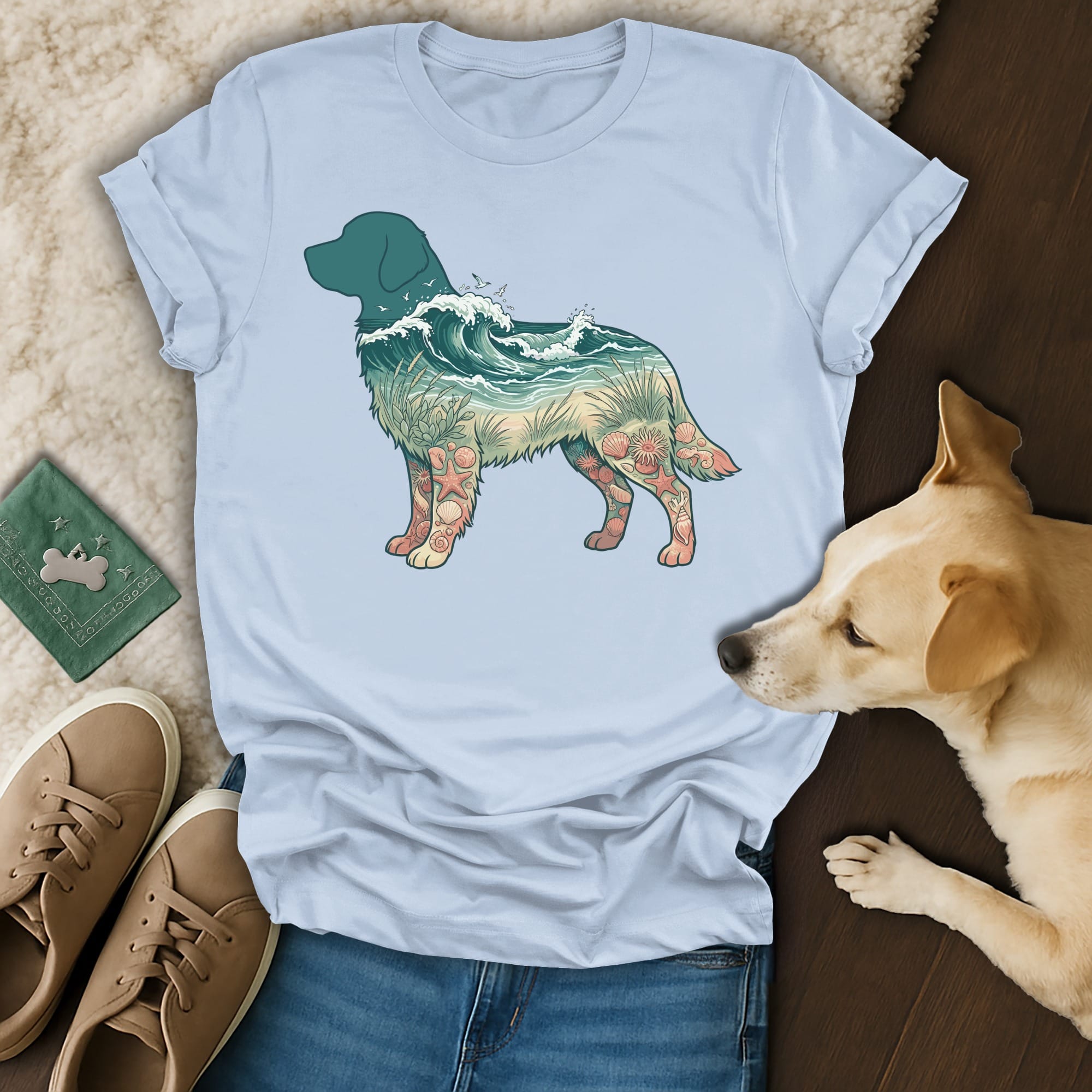 T-shirt with silhouette of a dog filled with ocean waves, sand, and shells.
