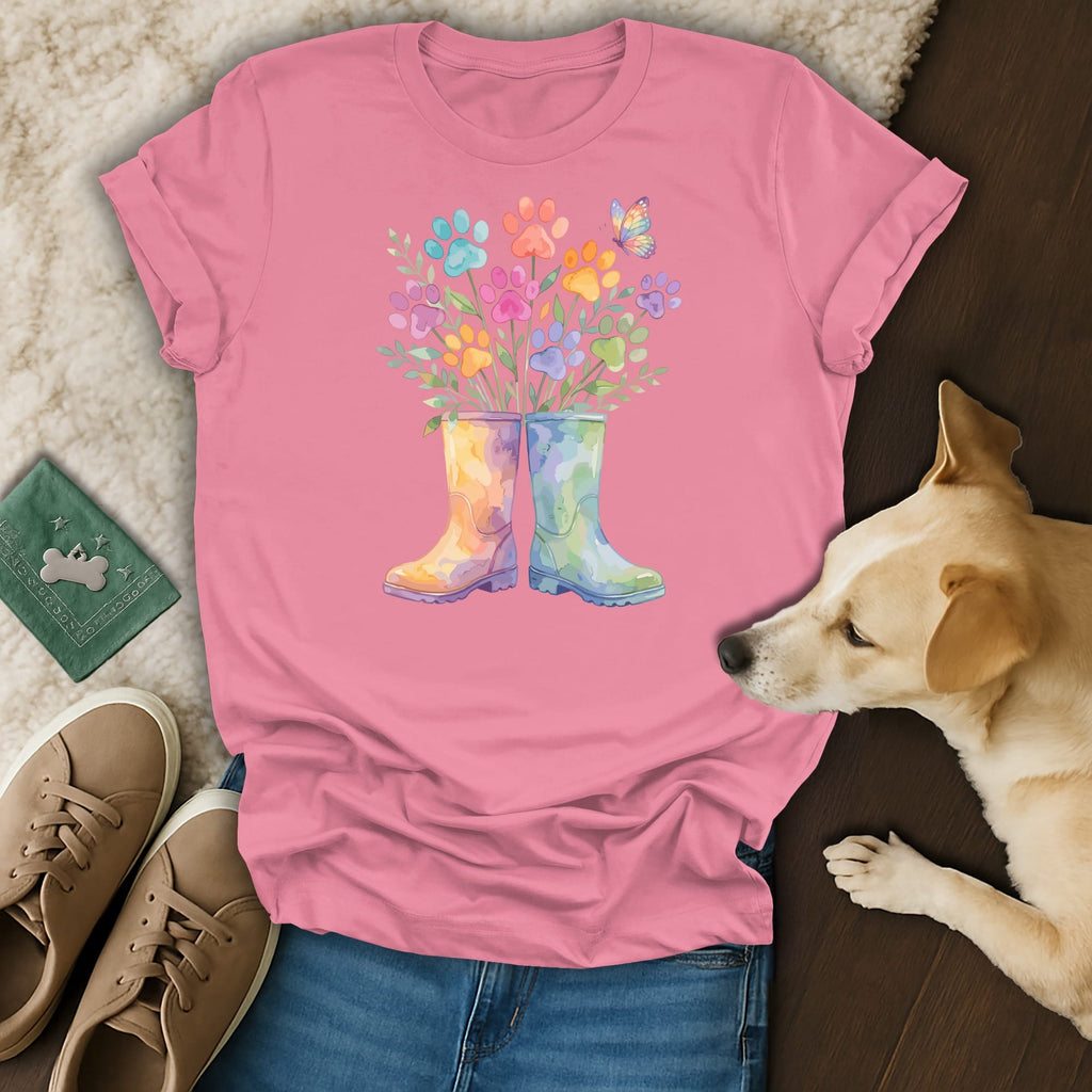 Pink t-shirt with floral dog paw print design and a butterfly.
