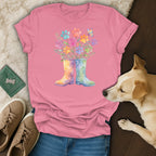 Pink t-shirt with floral dog paw print design and a butterfly.