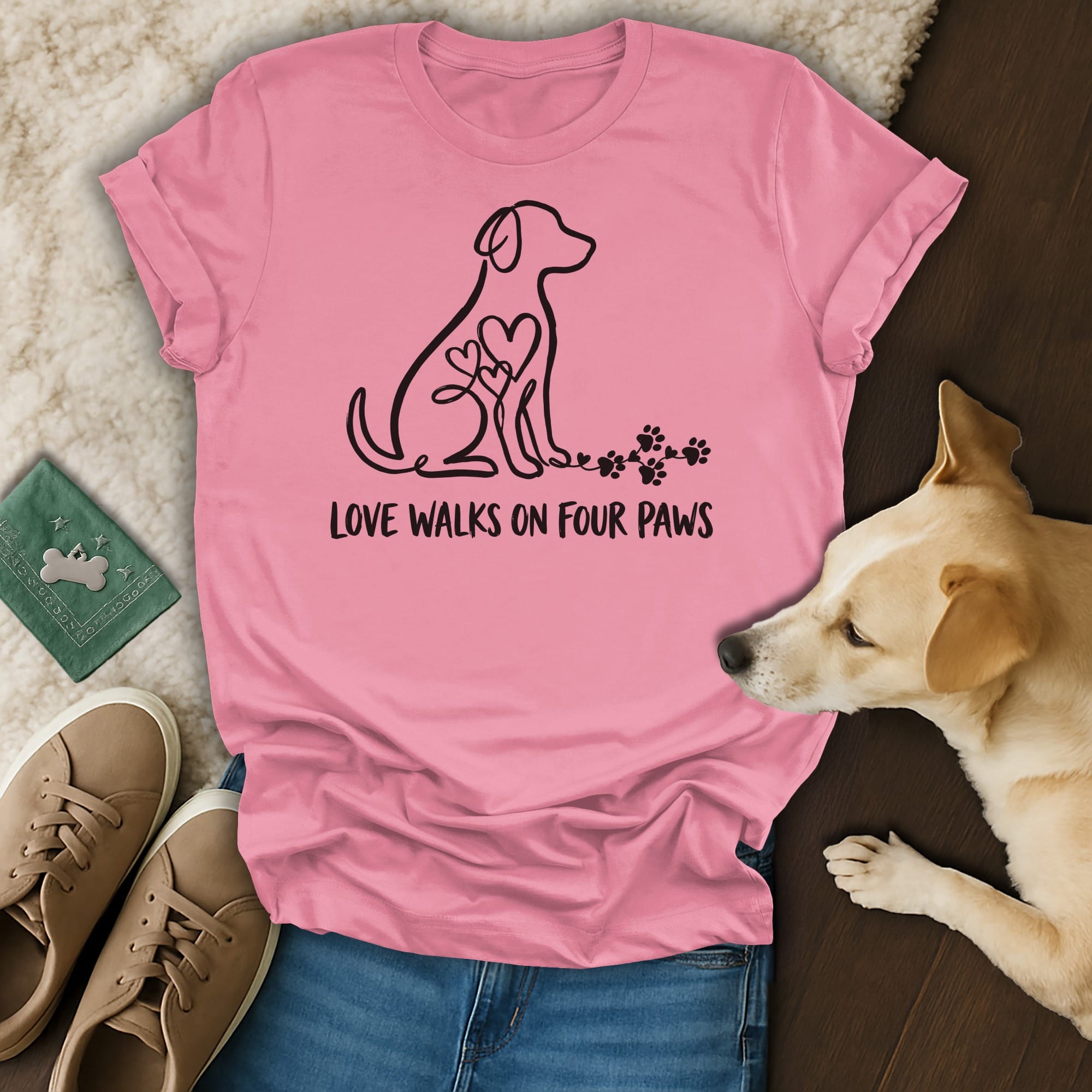 Pink t-shirt with a dog outline, hearts, and "Love Walks on Four Paws" text.