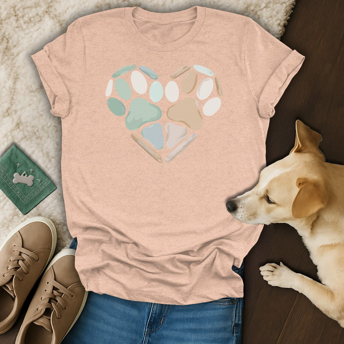 Peach t-shirt with a heart graphic made of paw prints and sticks.