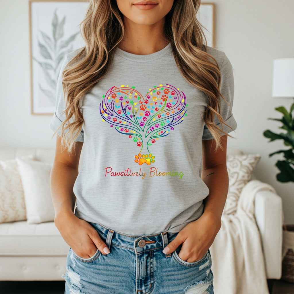 Pawsitively Blooming Heart Design Graphic Tee Shirt