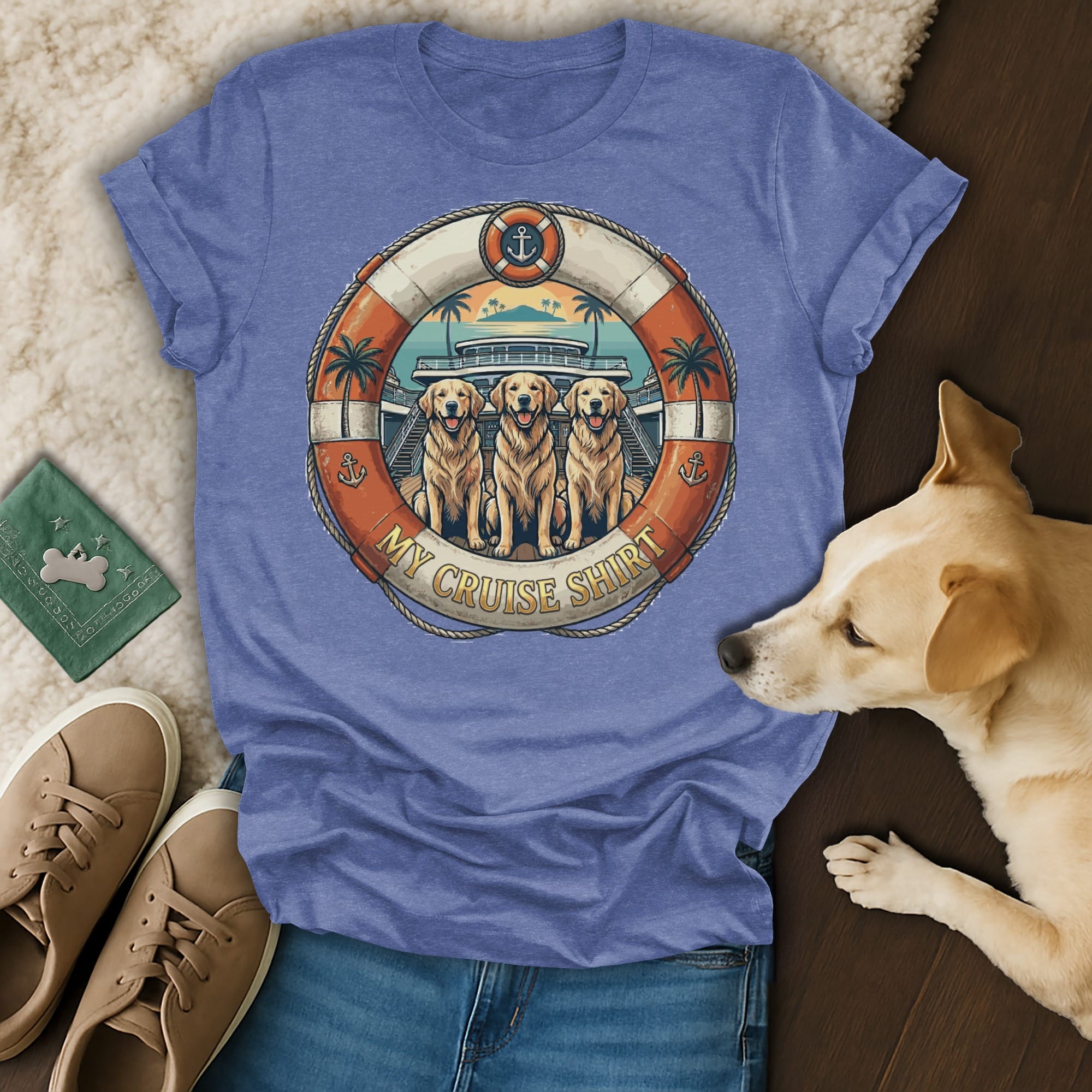 Three golden retrievers wearing sailor collars on a cruise ship, "My Cruise Shirt" text.