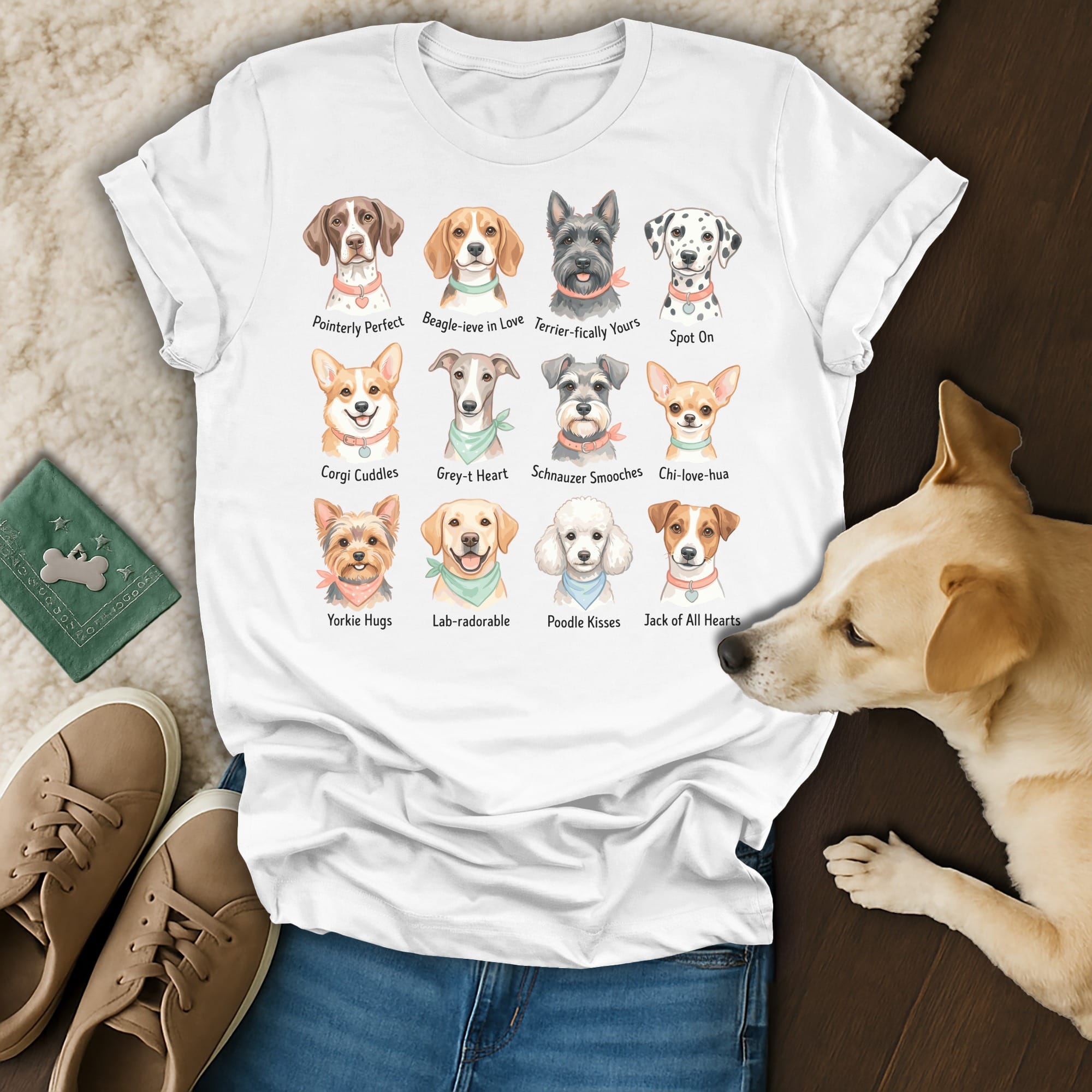 White t-shirt with illustrations of 12 dog breeds and their breed names.