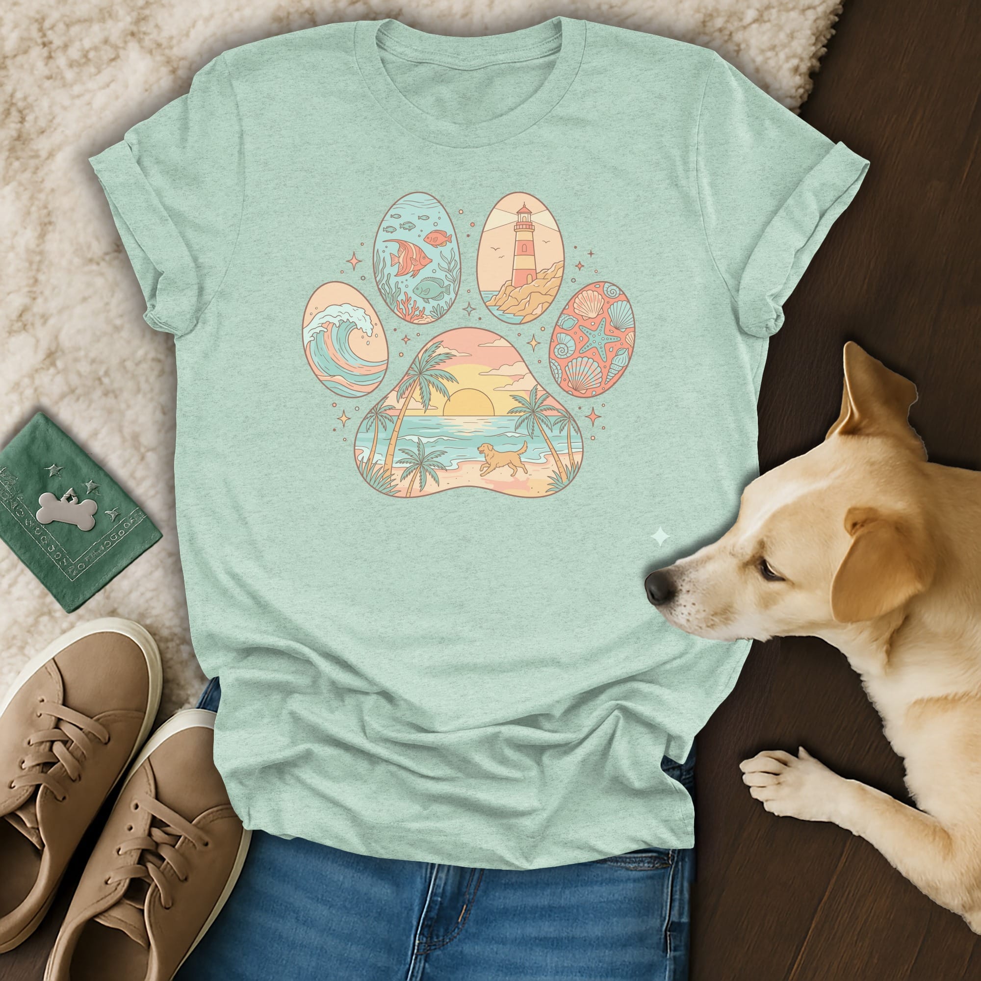 T-shirt with beach scene inside paw print outline, lighthouse and dog.