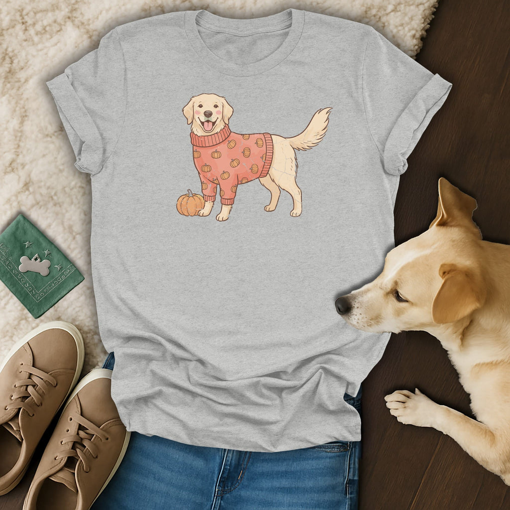 Light grey t-shirt with illustrated golden retriever in pumpkin sweater.
