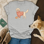 Light grey t-shirt with illustrated golden retriever in pumpkin sweater.