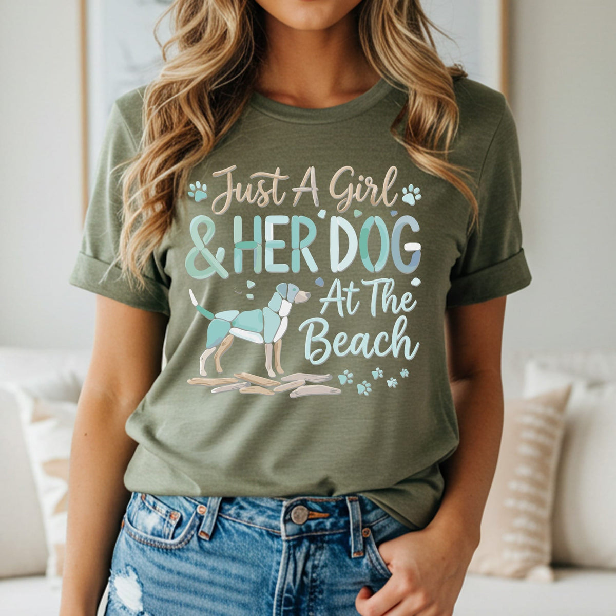 Green t-shirt with text "Just A Girl & HER DOG At The Beach" and a dog illustration.