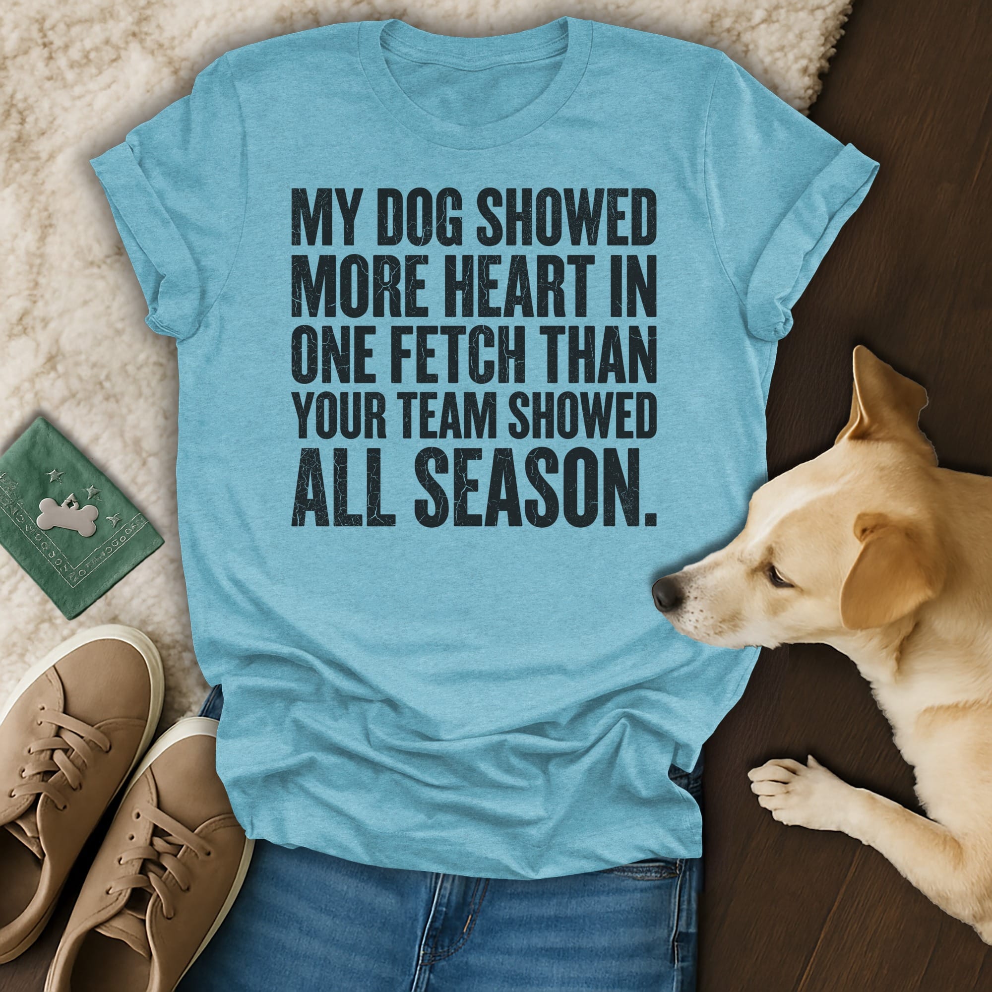 Blue t-shirt with "My dog showed more heart in one fetch than your team showed all season" text.