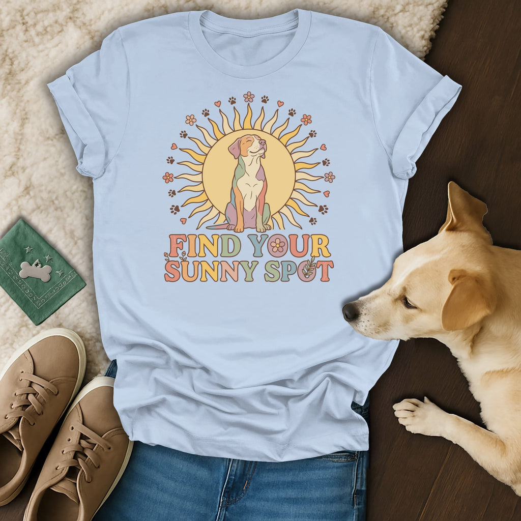 Light blue t-shirt with a retro dog graphic and the text Find Your Sunny Spot.
