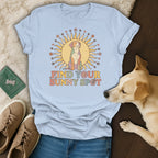 Light blue t-shirt with a retro dog graphic and the text Find Your Sunny Spot.