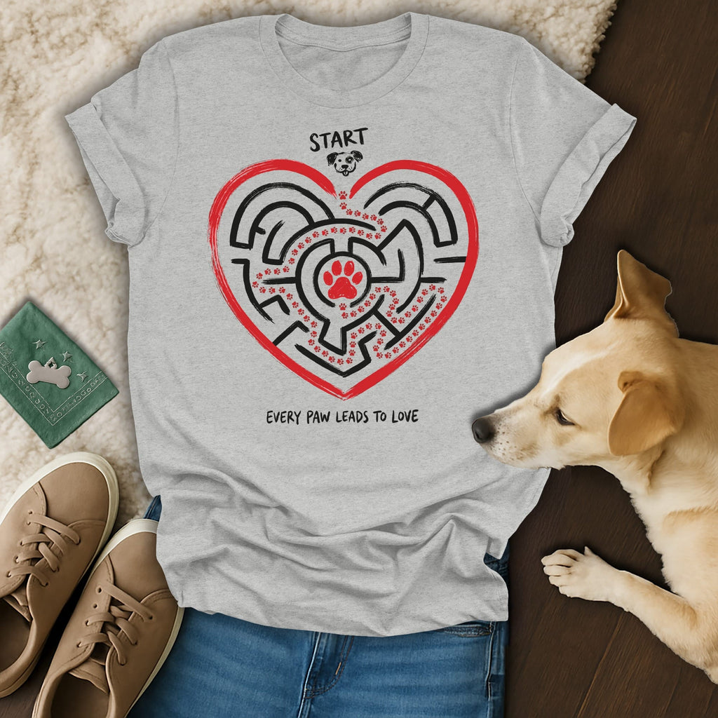 Grey t-shirt with heart maze, paw prints, dog graphic, and text.