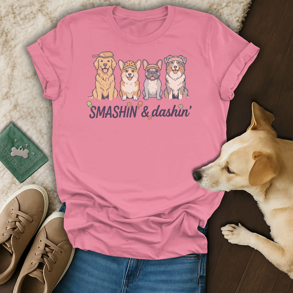 Pink t-shirt with four dogs wearing hats, pickleball paddles, and the text "SMASHIN' & dashin'".