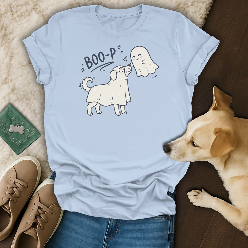 Light blue t-shirt with a dog dressed as a ghost saying "BOO-P" to a ghost.