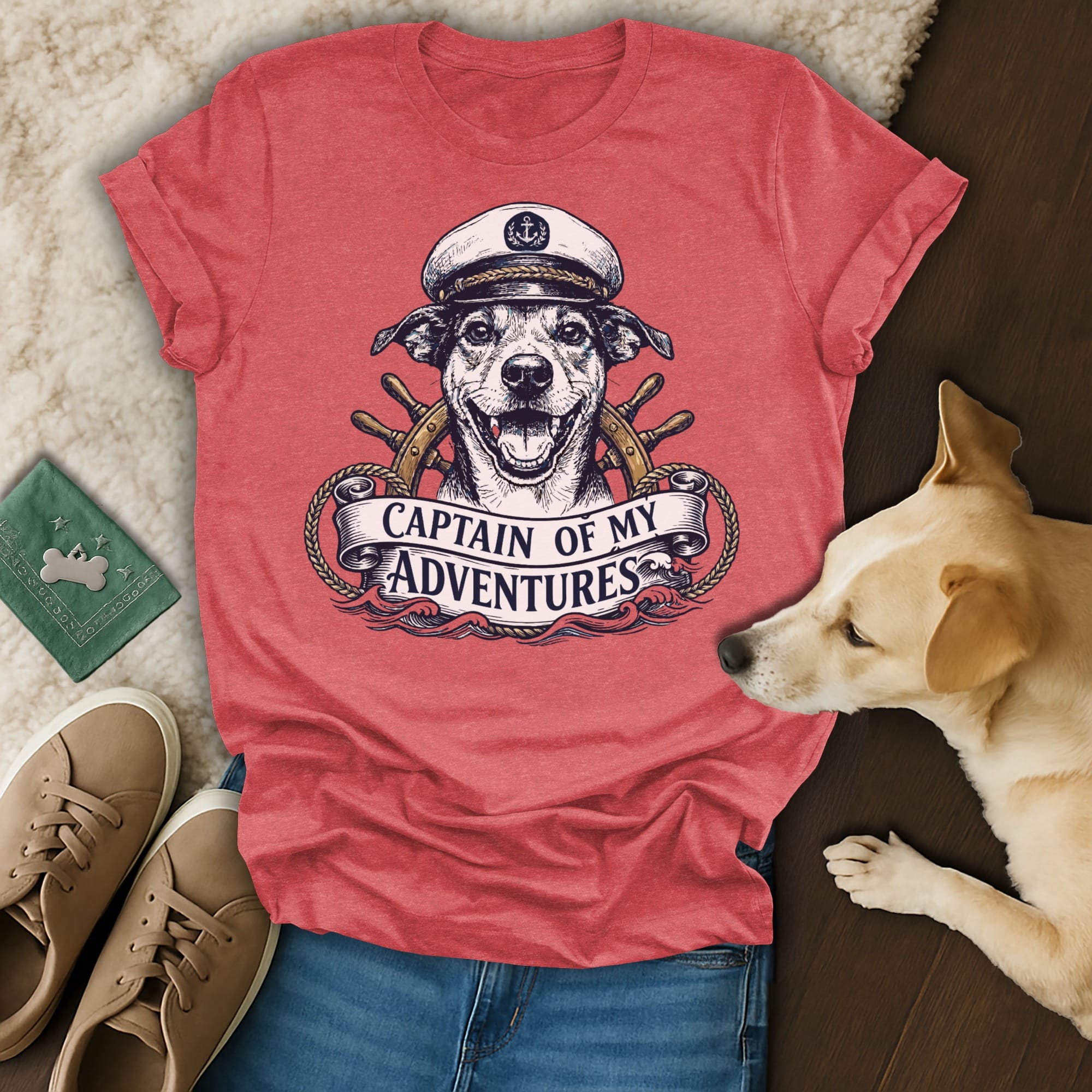Dog wearing a captain's hat on a t-shirt with "Captain of My Adventures" text.
