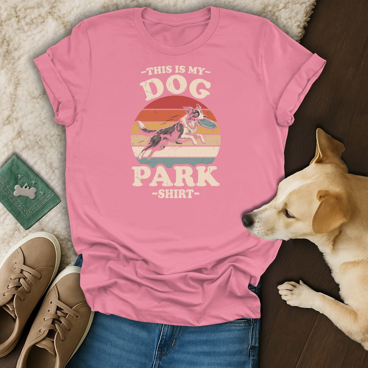 Pink t-shirt with retro graphic: "This Is My Dog Park Shirt" and running dog catching frisbee.