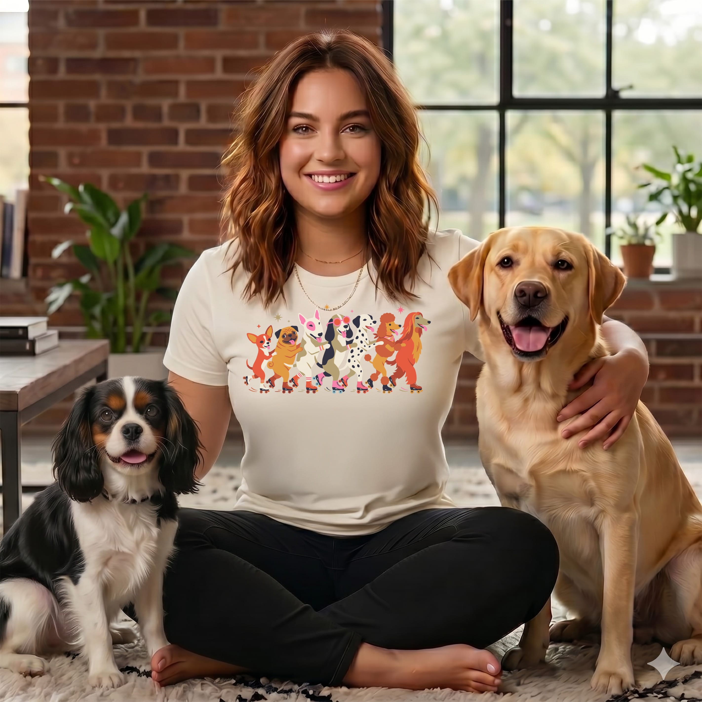 Woman wearing short-sleeve shirt with cartoon dogs roller skating graphic, petting two dogs.