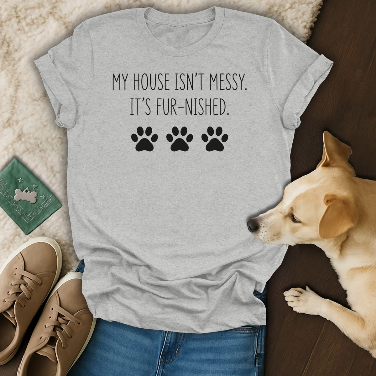 Grey t-shirt with text "My House Isn't Messy. It's Fur-nished." and paw prints.
