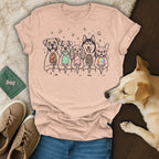 T-shirt with cartoon dogs holding ice cream cones, a dog lying beside it.