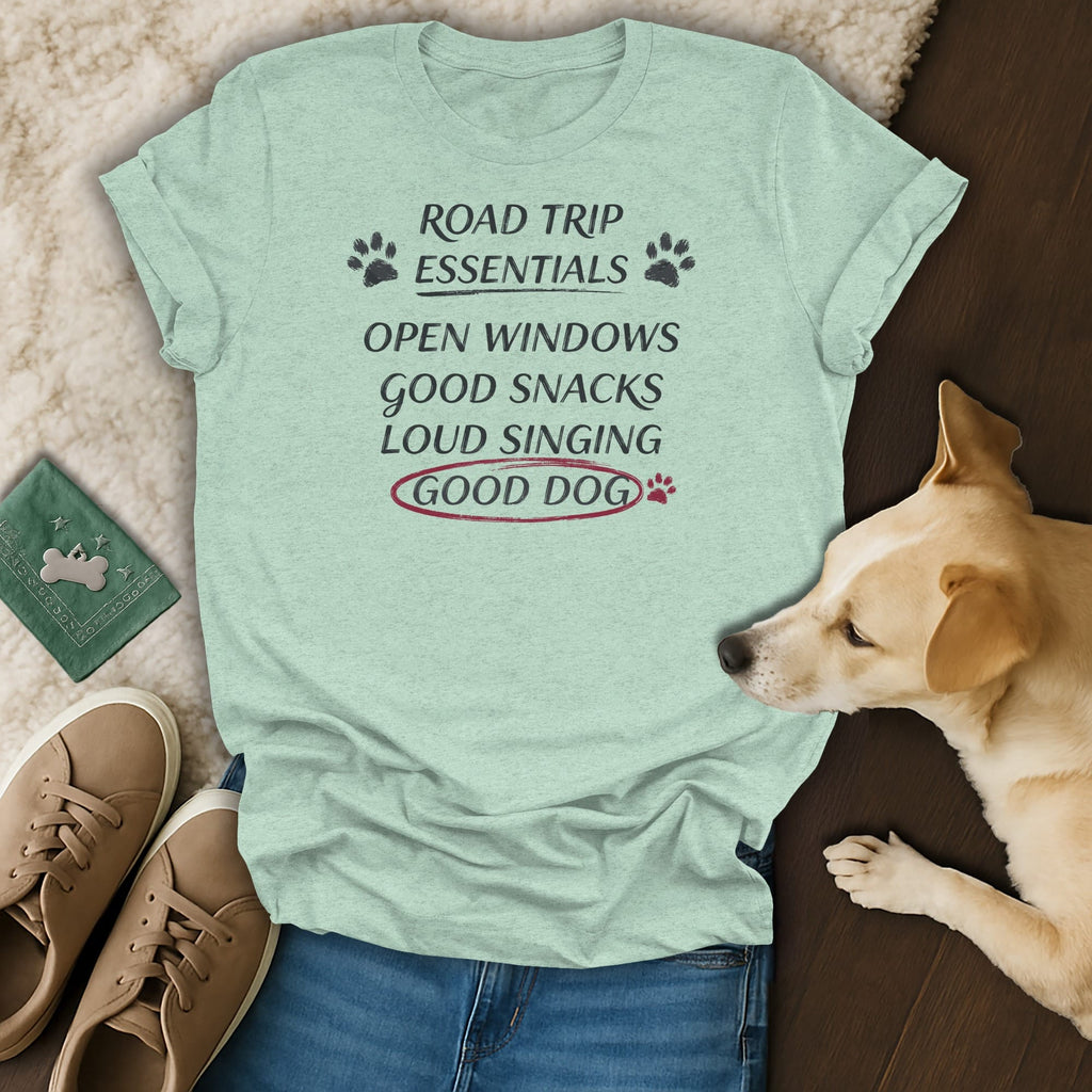 Light green t-shirt with "Road Trip Essentials" and "Good Dog" text.