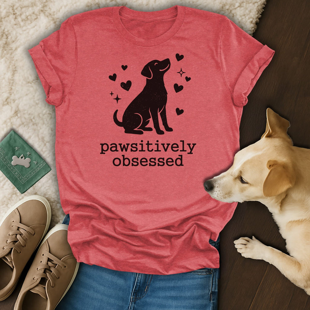 Coral t-shirt with black dog silhouette and hearts, "Pawsitively obsessed" text.