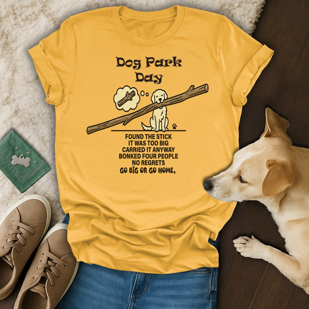 Yellow t-shirt with "Dog Park Day" text and a humorous dog-themed graphic.