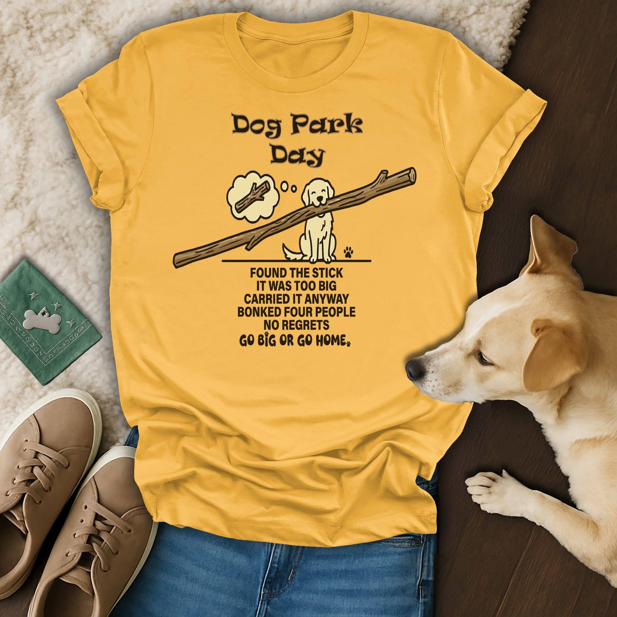 Yellow t-shirt with "Dog Park Day" text and a humorous dog-themed graphic.