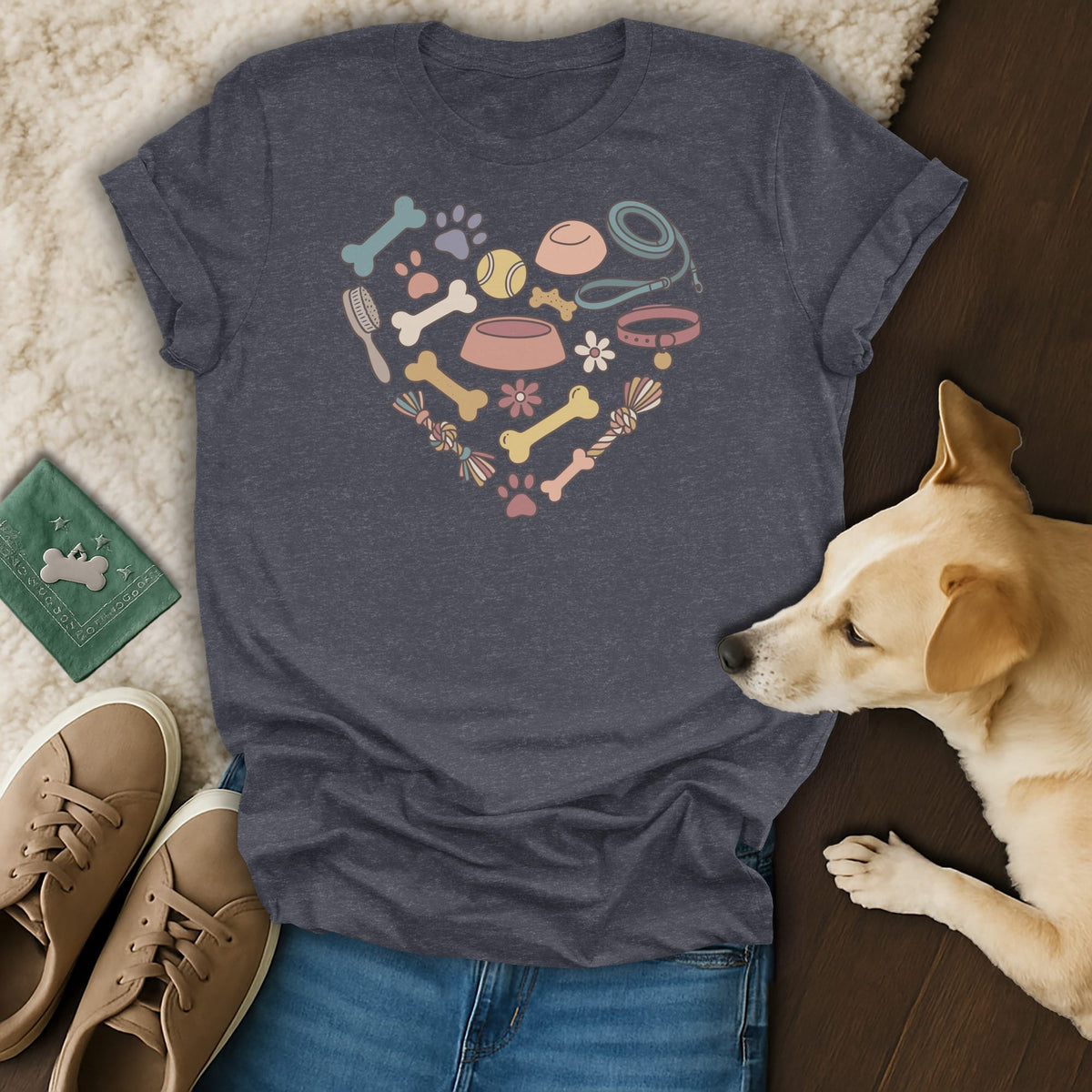 Dark grey t-shirt with heart-shaped dog-themed graphic, dog, and sneakers.