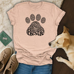 Light pink t-shirt with "Bestie" in a paw print graphic.