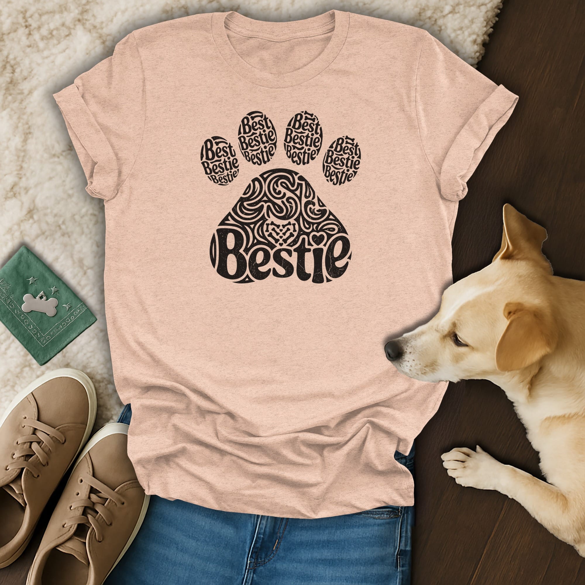 Light pink t-shirt with "Bestie" in a paw print graphic.