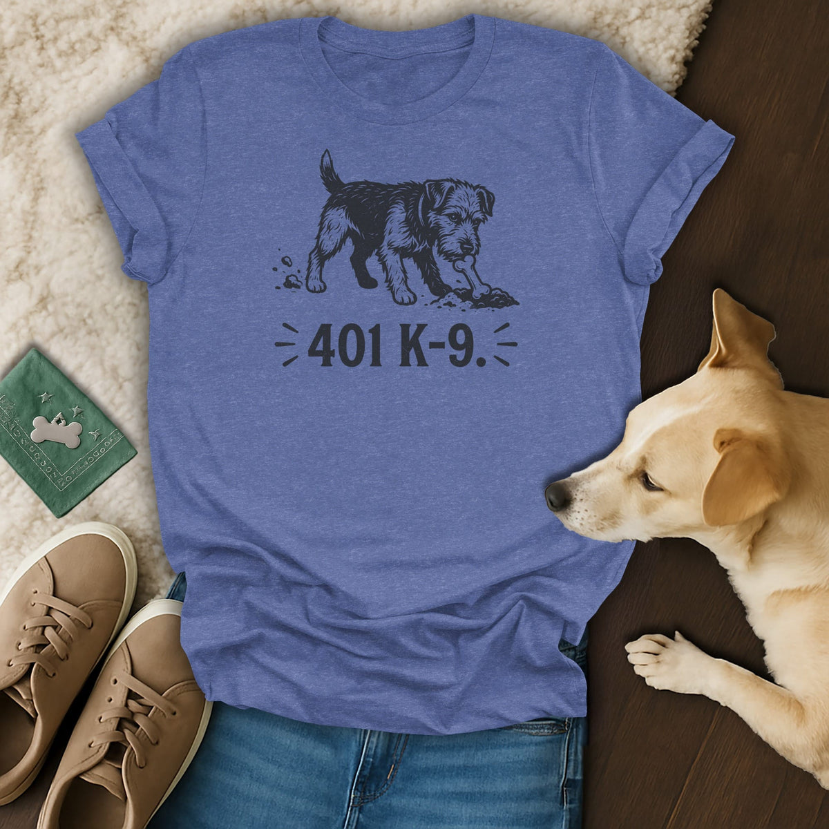 T-shirt with graphic of dog digging bone and text "401 K-9."