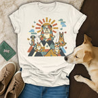 T-shirt with meditation dogs and sunrise design.