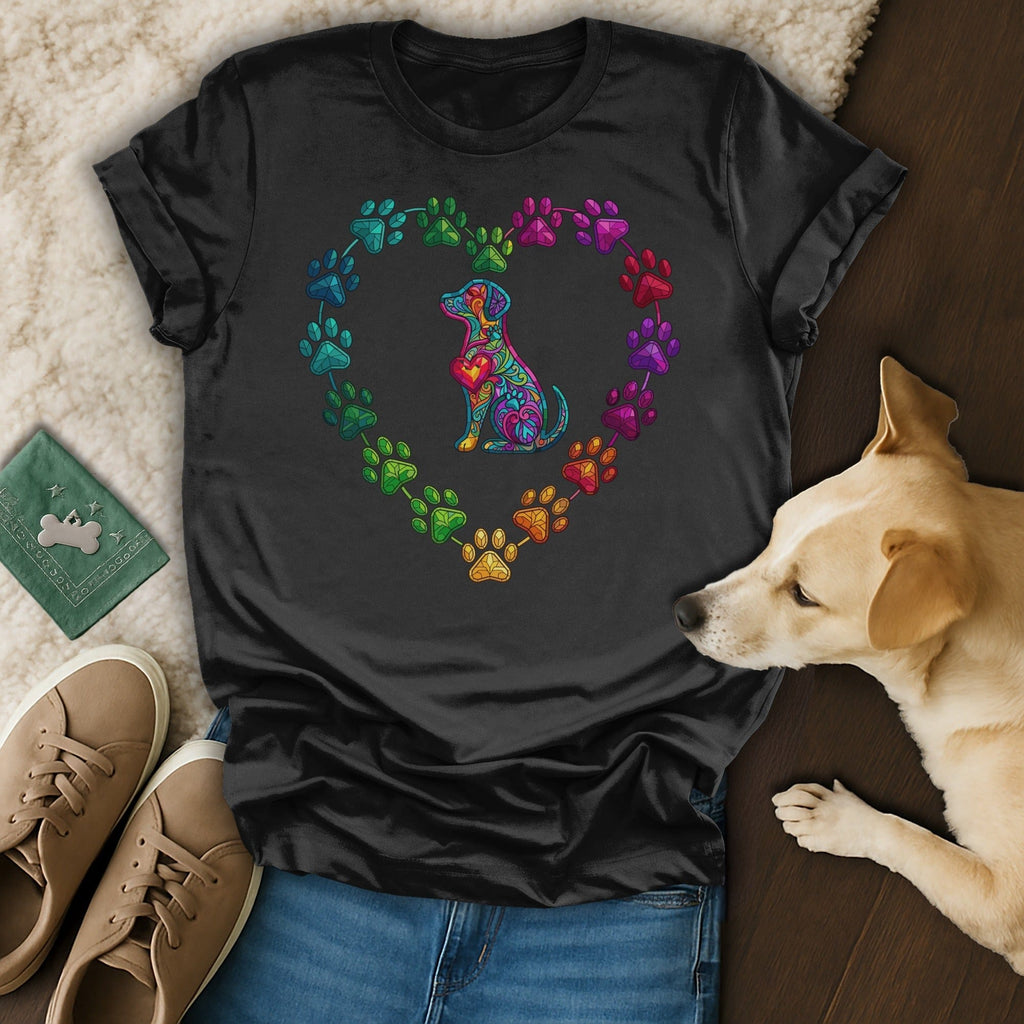 Colorful Patterned Dog Paw Heart Black T Shirt product type